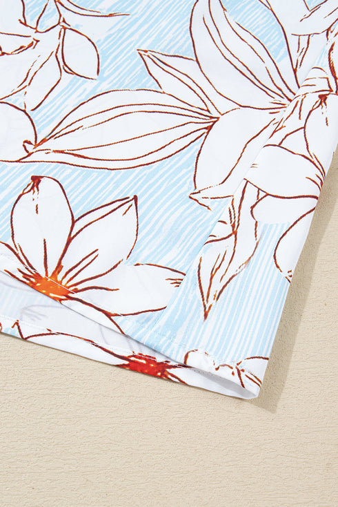 Pinstripe Floral Outline Ruffled Split Neck Long Sleeve Mini Dress